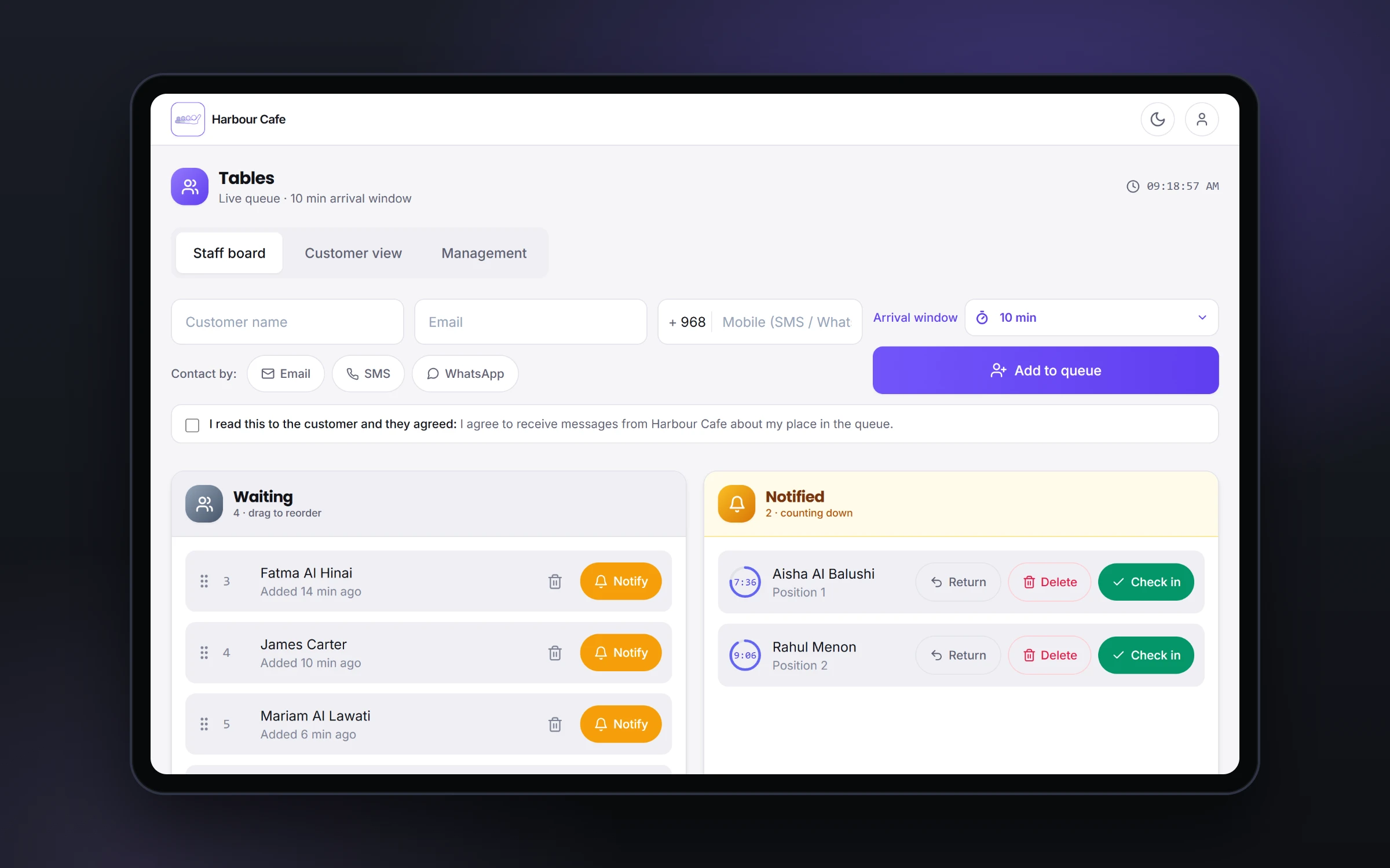 ScheduCall's staff board: add a walk-in, the people waiting with a Notify button each, and the people called, counting down