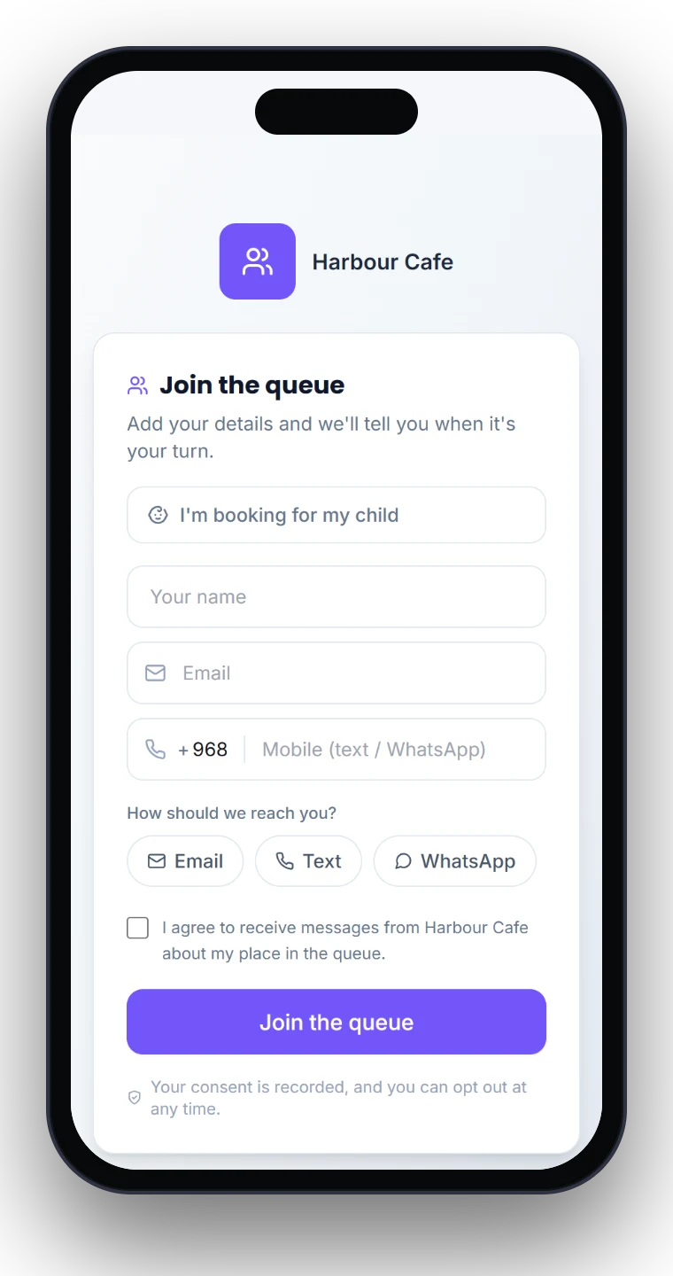 A customer's phone joining the queue: a name, a number, and how to be reached